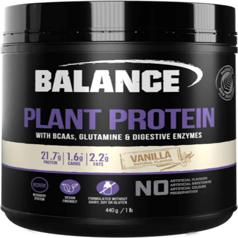 A Supplement container with the name Plant Protein (400g Vanilla flavour) by Balance.