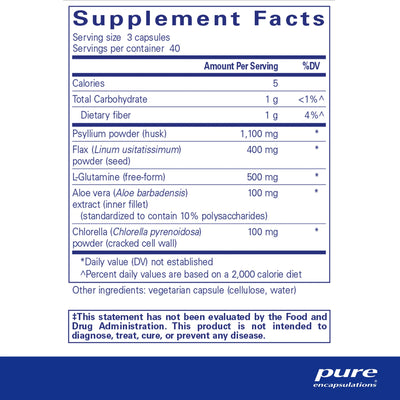 Ingredients: Psyllium powder, Flax, L-Glutamine, Aloe vera, Chlorella