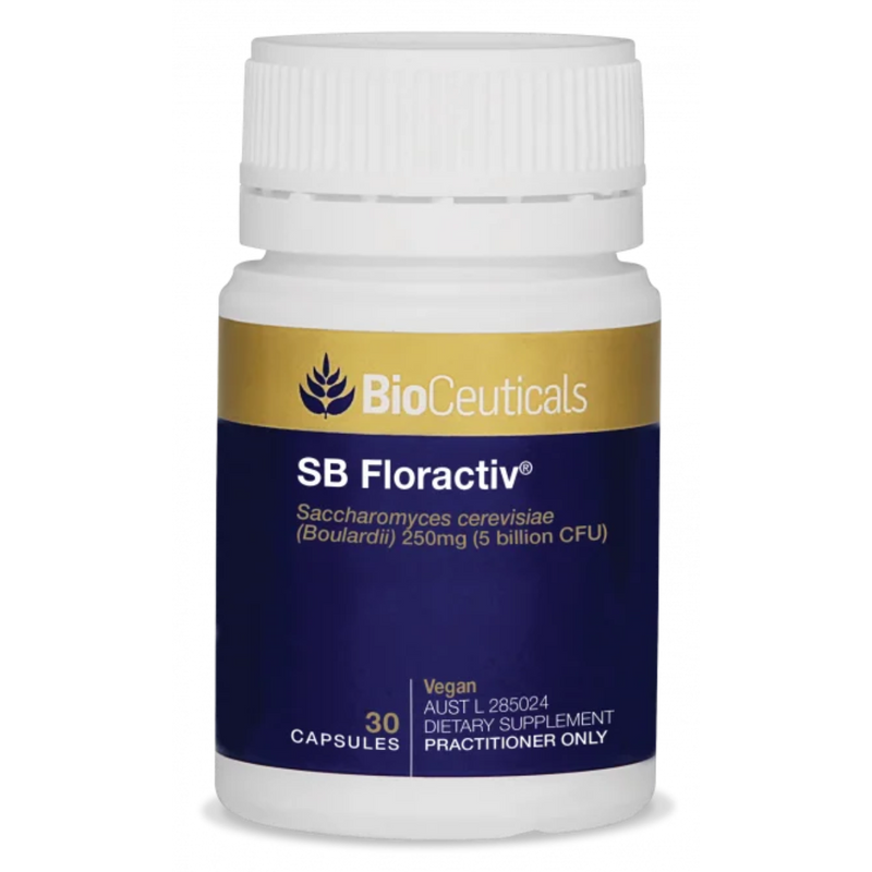 A Supplement container with the name SB Floractiv (30 Caps) by BioCeuticals.