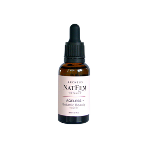 A supplement container of Ageless Beauty Botanical Facial Oil by Archeus NatFem Botanics