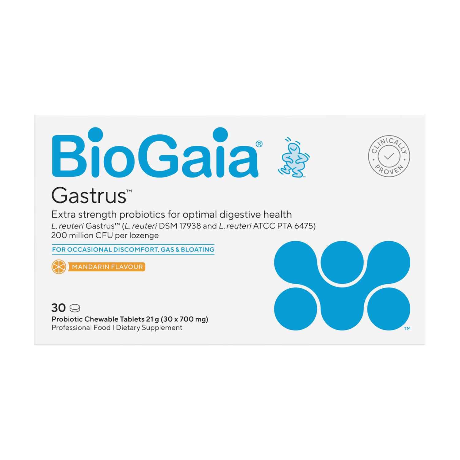 A supplement container of BioGaia Gastrus (Mandarin) by BioGaia