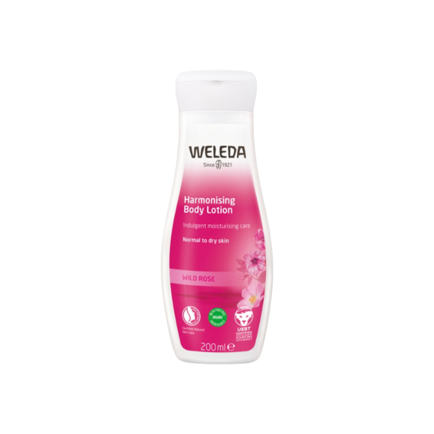 A supplement container of Harmonising Body Lotion Wild Rose by Weleda