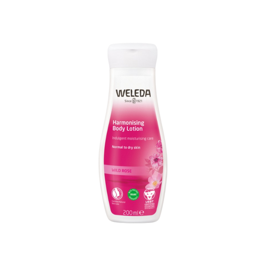 A supplement container of Harmonising Body Lotion Wild Rose by Weleda