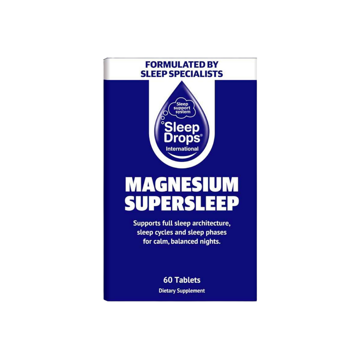 A supplement container of SleepDrops Magnesium Super Sleep 60 caps (CleverSleep) by SleepDrops