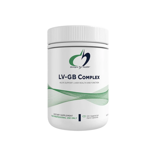A Supplement container with the name LV-GB Complex by Designs for Health