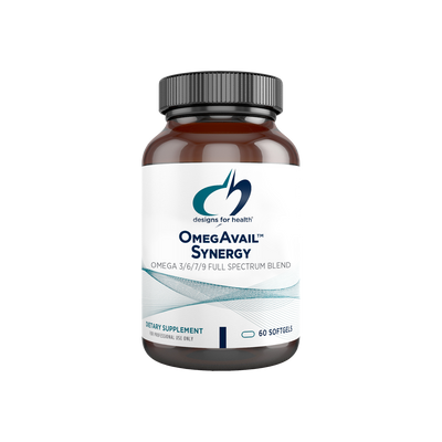 A supplement container of OmegAvail Synergy by Designs for Health - USA