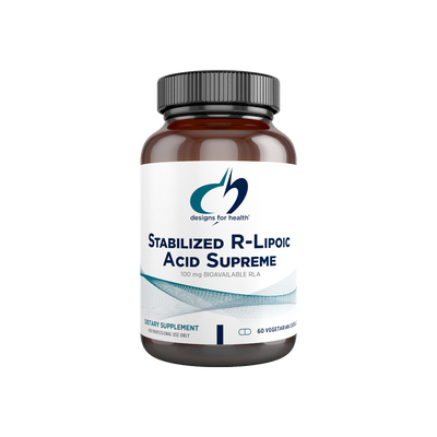 A supplement container of Stabilized R-Lipoic Acid Supreme by Designs for Health - USA