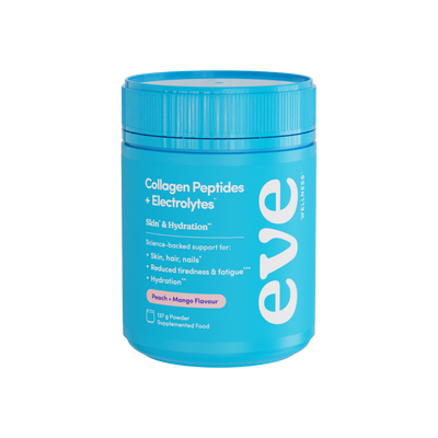 A supplement container of Collagen Peptides + Electrolytes Peach Mango by Eve