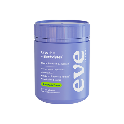 A supplement container of Creatine + Electrolytes Green Apple by Eve