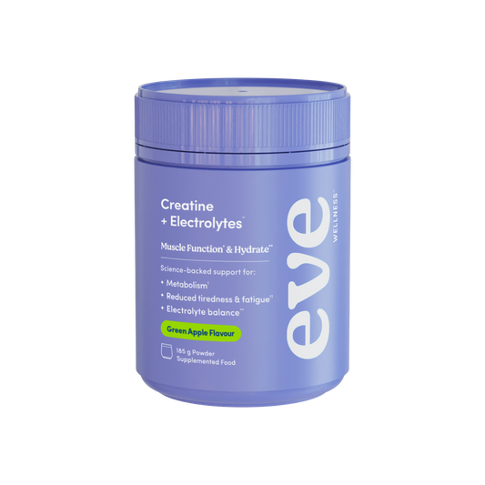 A supplement container of Creatine + Electrolytes Green Apple by Eve