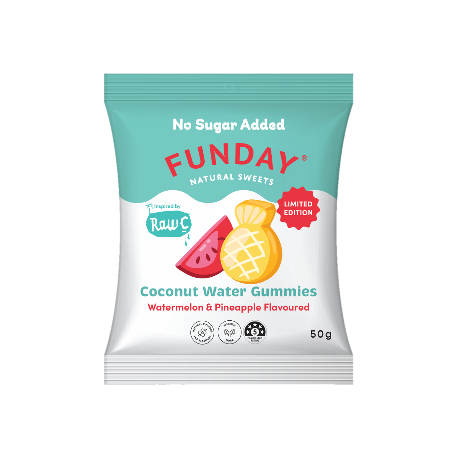 A supplement container of Raw C Fruity Coconut Water Gummies by Funday Natural Sweets