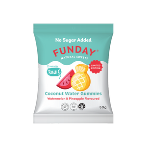 A supplement container of Raw C Fruity Coconut Water Gummies by Funday Natural Sweets