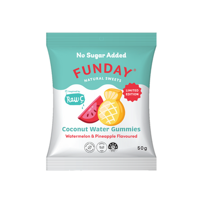 A supplement container of Raw C Fruity Coconut Water Gummies by Funday Natural Sweets