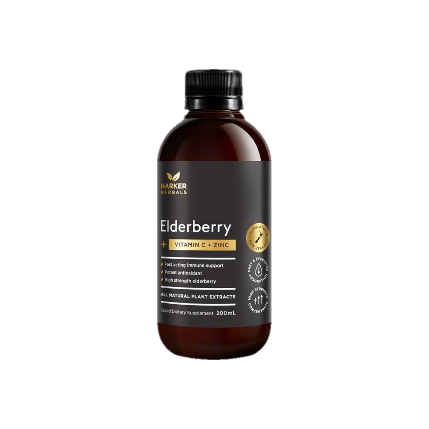 A supplement container of Elderberry + Vitamin C + Zinc by Harker Herbals