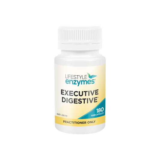 A supplement container of Executive Digestive (180 Caps) by Lifestyle Enzymes