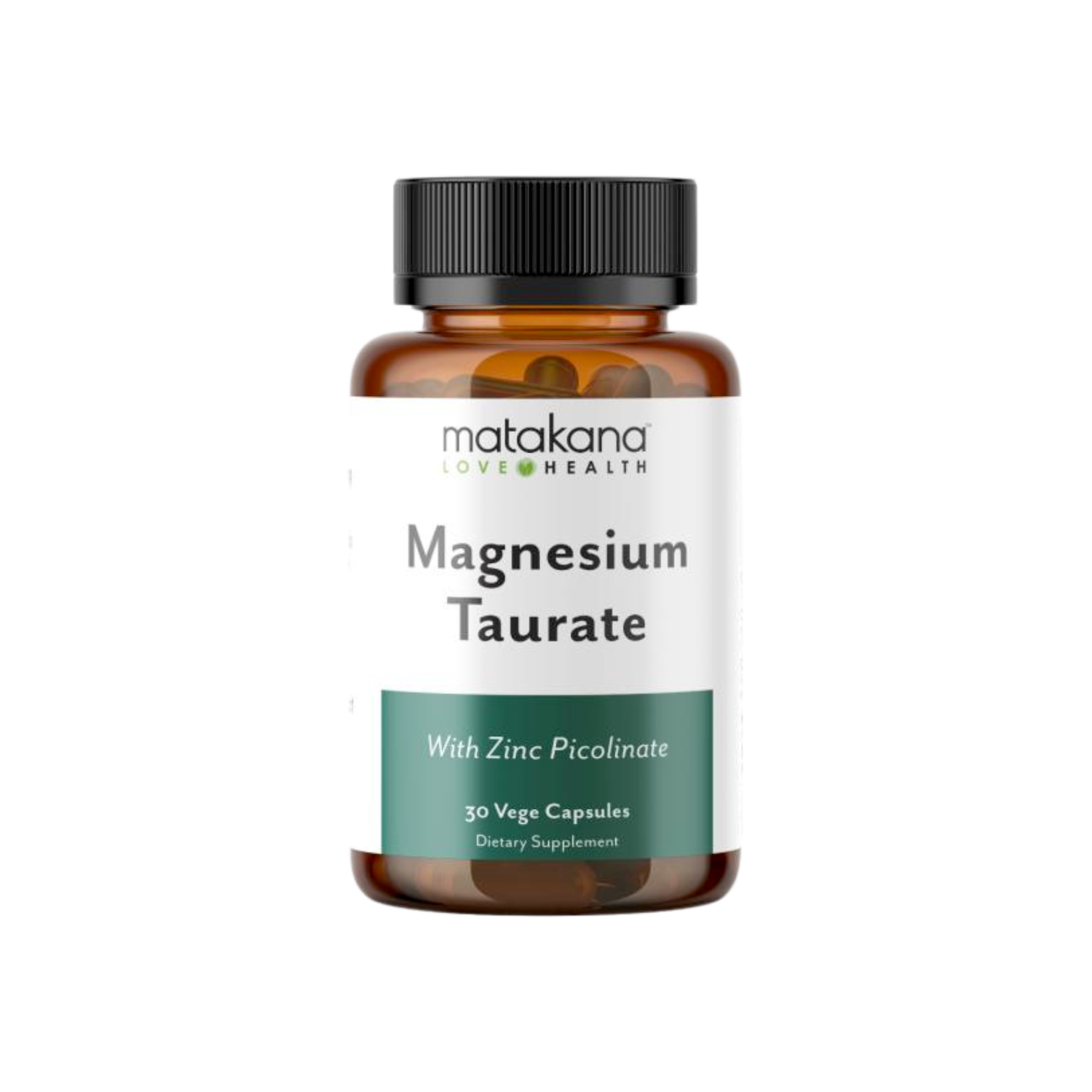 A supplement container of Magnesium Taurate + Zinc Picolinate by Matakana Superfoods