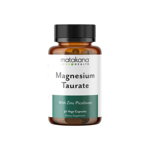 A supplement container of Magnesium Taurate + Zinc Picolinate by Matakana Superfoods