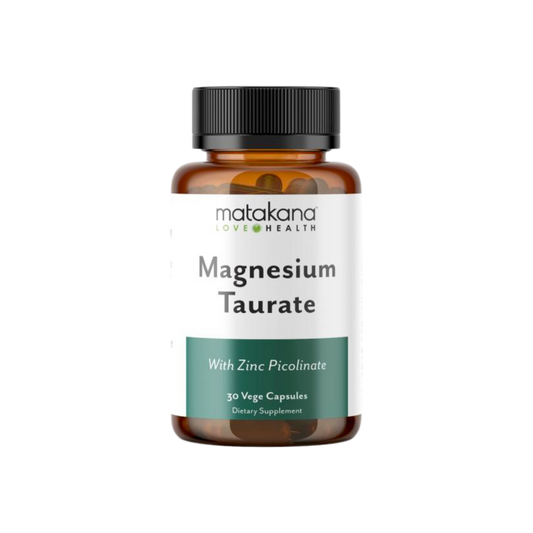 A supplement container of Magnesium Taurate + Zinc Picolinate by Matakana Superfoods