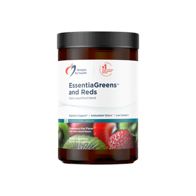 A supplement container of EssentiaGreens and Reds 310g (Strawberry Kiwi) by Designs for Health - USA
