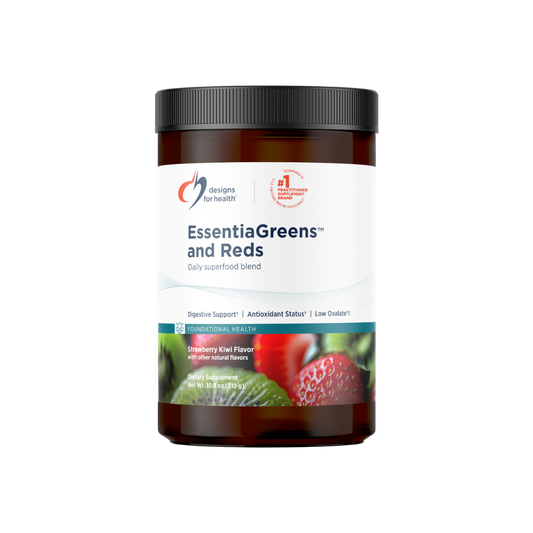 A supplement container of EssentiaGreens and Reds 310g (Strawberry Kiwi) by Designs for Health - USA