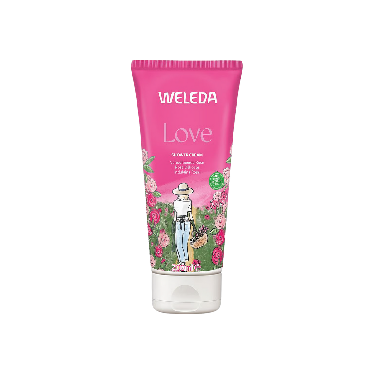 A supplement container of Love Shower Cream by Weleda