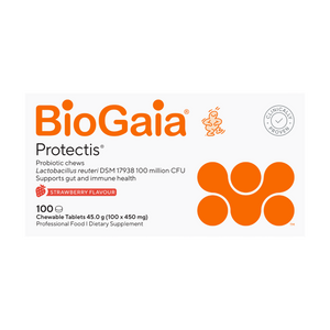 A supplement container of BioGaia Protectis Adult Chewable (Strawberry 100tabs) by BioGaia