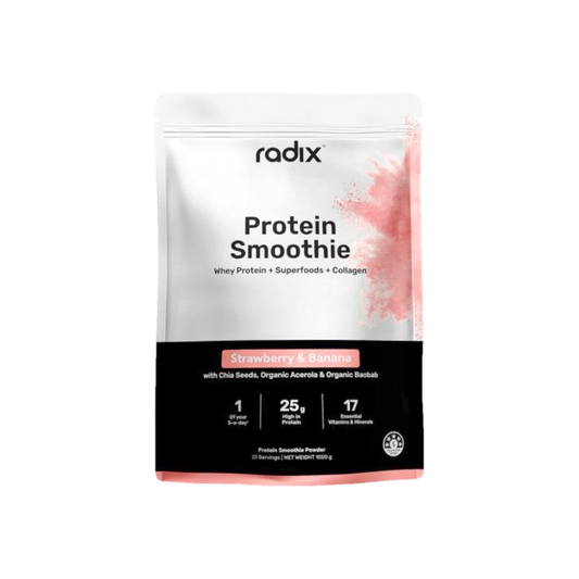 A Supplement bag with the name Whey Protein Smoothie (Strawberry & Banana) by Radix Nutrition).