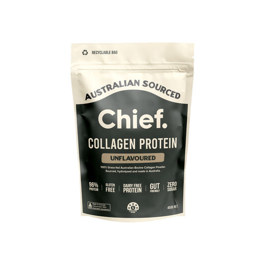A supplement container of Collagen Protein Unflavoured 450g by Chief Nutrition