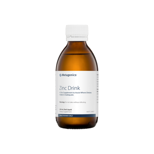 A supplement container of Zinc Drink 200mL by Metagenics