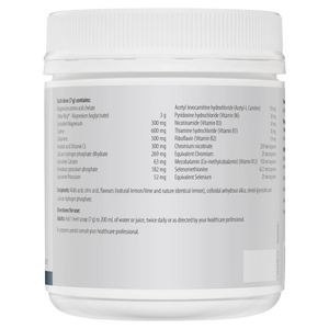 The back of a supplement container listing Meta mag, Magnesium bisglycinate, Taurine, Glutamine, Ascorbic acid, Vitamin C, Calcium hydrogen phosphate, Monobasic potassium phosphate, Acetyl-l-carnitine, vitamin b6, Pyrodoxine hydrochloride, Nicotinamide, vitamin b3, thiamine hydrochloride, vitamin b1, riboflavin, chromium nicotinate, Mecobalamin
