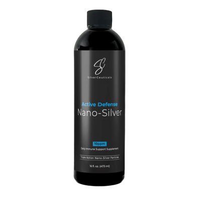 A Supplement container with the name Active Defense Nano - Silver 10ppm (473ml) by SilverCeuticals.