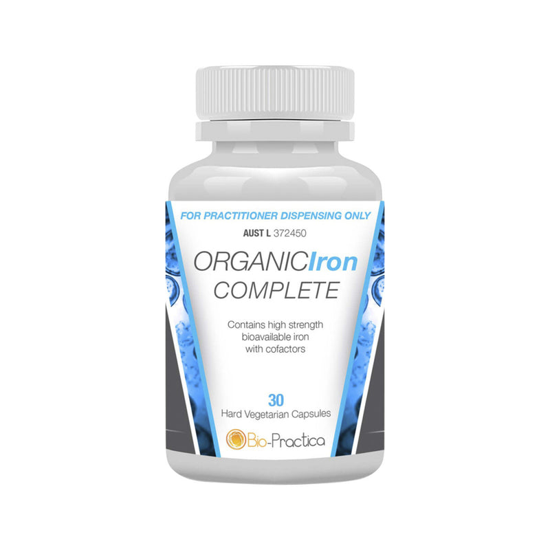 A Supplement Container with the name OrganicIron Complete by Bio-Practica
