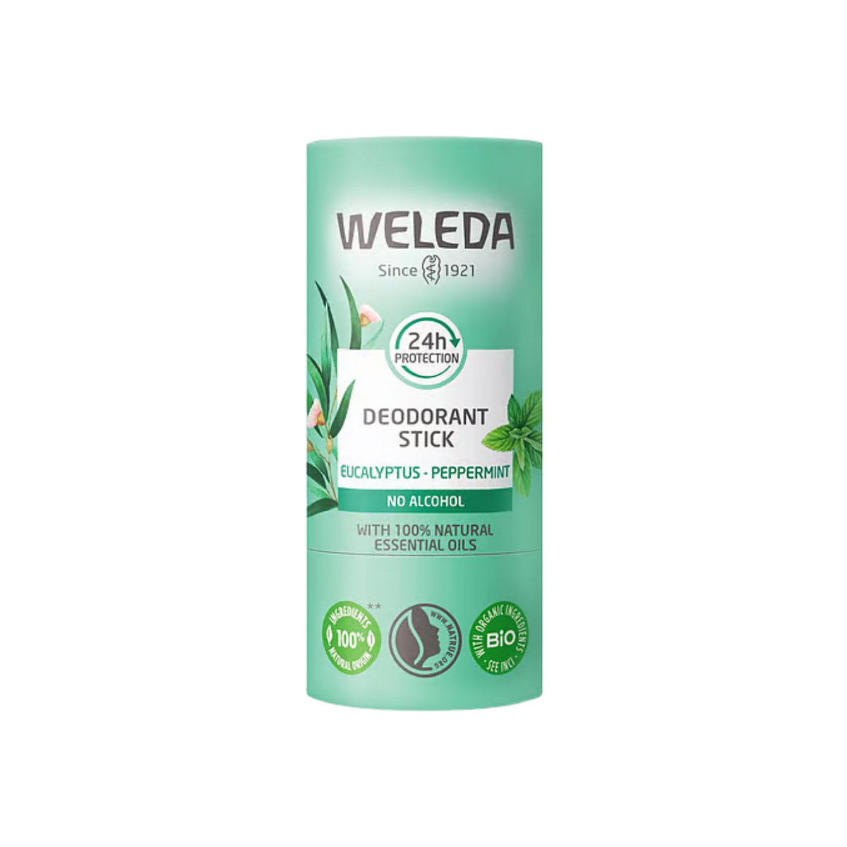 A supplement container of Eucalyptus and Peppermint 24h Deodorant Stick by Weleda