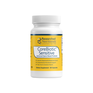A supplement container of CoreBiotic Sensitive by Researched Nutritionals