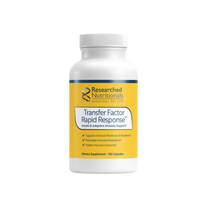A supplement container of Transfer Factor Rapid Response by Researched Nutritionals