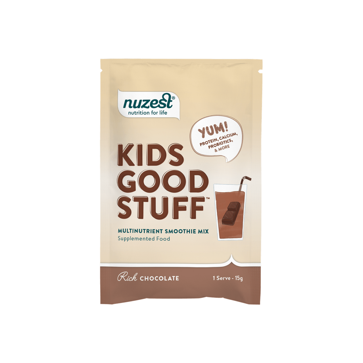 A supplement container of Kids Good Stuff x10 Sachet Box (Rich Chocolate) by Nuzest (Retail)