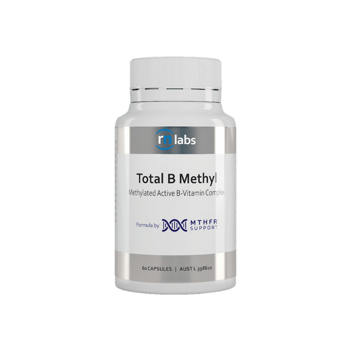 A supplement container of MTHFR (RN Labs) Total B Methyl 60 Caps by MTHFR Support