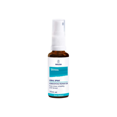 A supplement container of Stress Oral Spray by Weleda