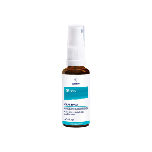 A supplement container of Stress Oral Spray by Weleda