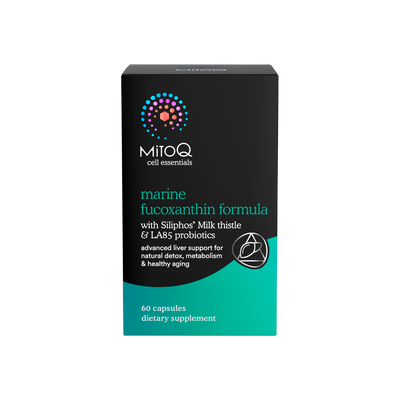 A supplement container of MitoQ Marine Fucoxanthin Formula by MitoQ