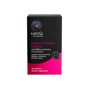 A supplement container of MitoQ S-equol Women's Balance by MitoQ