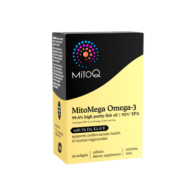 A supplement container of MitoMega Omega-3 by MitoQ