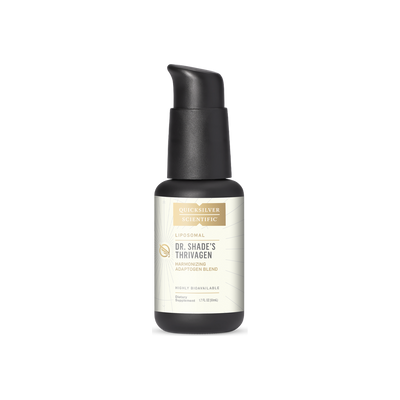 A supplement container of Thrivagen Adaptogenic Elixir - Liposomal by Quicksilver