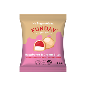 A supplement container of Caramel White Chocolate Raspberry & Cream Bites by Funday Natural Sweets