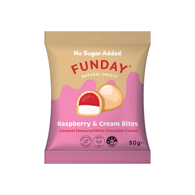 A supplement container of Caramel White Chocolate Raspberry & Cream Bites by Funday Natural Sweets