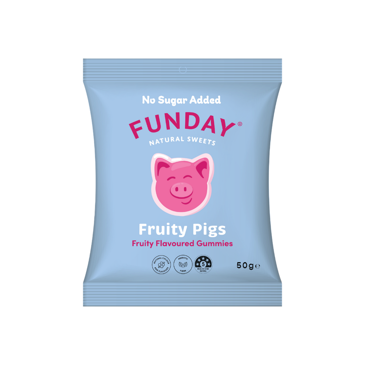 A supplement container of Fruity Flavoured Pigs Gummies by Funday Natural Sweets