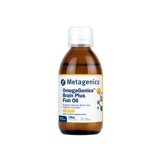 A supplement container of OmegaGenics Brain Plus Fish Oil by Metagenics