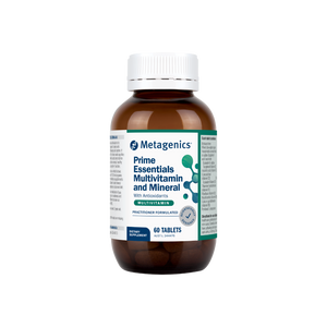 A supplement container of Prime Essentials Multivitamin and Minerals by Metagenics