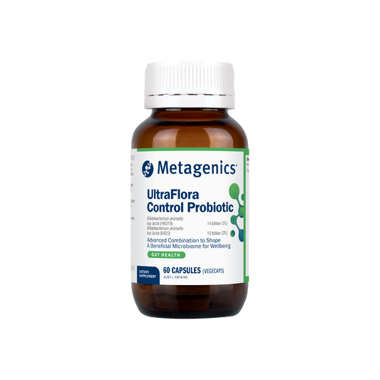 A supplement container of UltraFlora Control Probiotic by Metagenics
