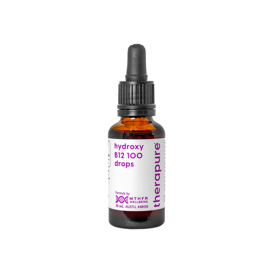 A supplement container of MTHFR (TheraPure) Hydroxy B12 Drops by MTHFR Support